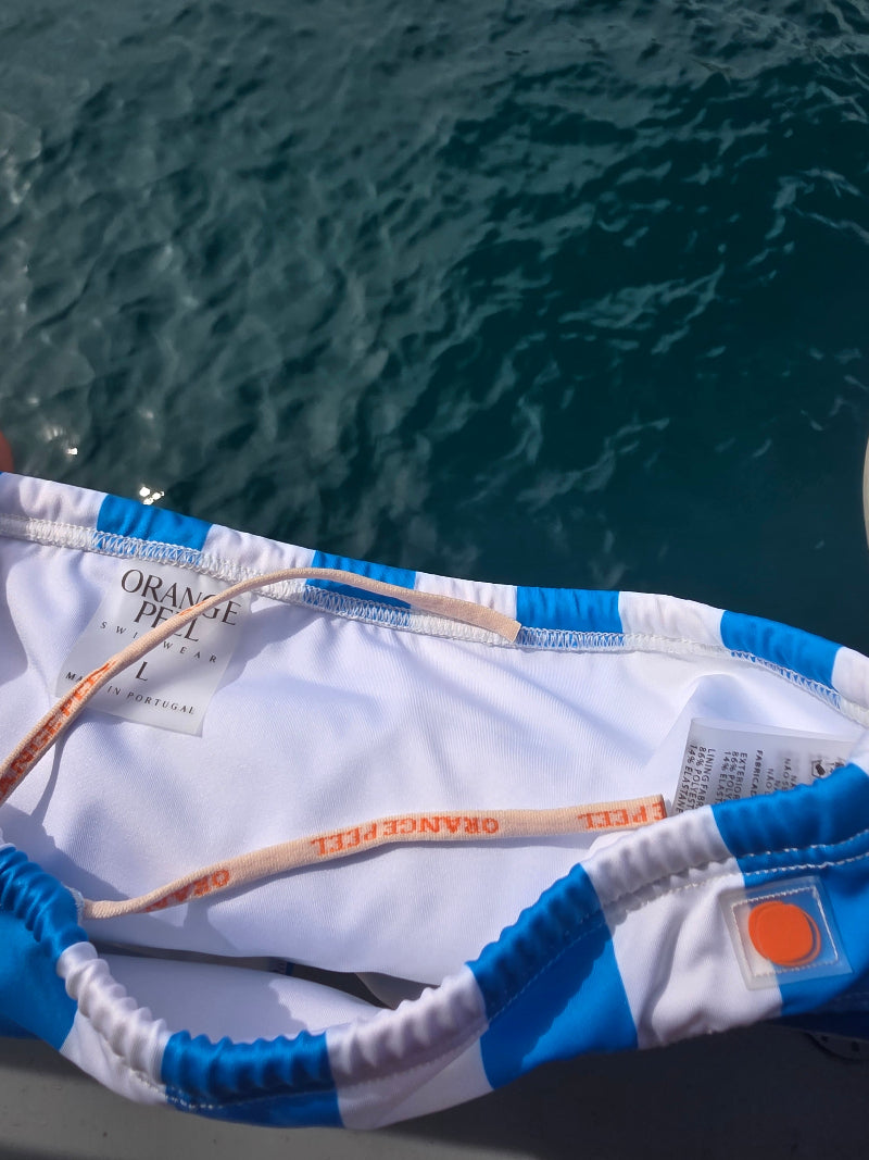 MAN SWIM BRIEFS - SLIM FIT - AZURE BLUE AND WHITE STRIPES PRINT