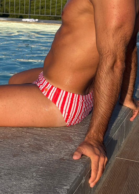 SLIM FIT SWIM BRIEF – RED STRIPES